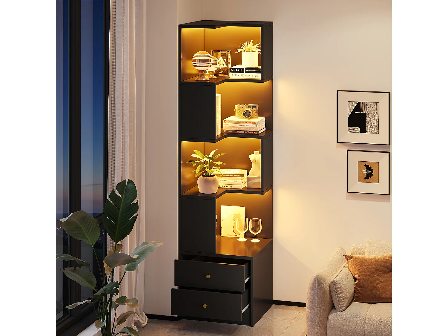 Bibliothèque d'angle avec éclairage LED, 4 étagères ouvertes et 2 tiroirs - MDF - 45 x 43,5 x 180 cm - Noir