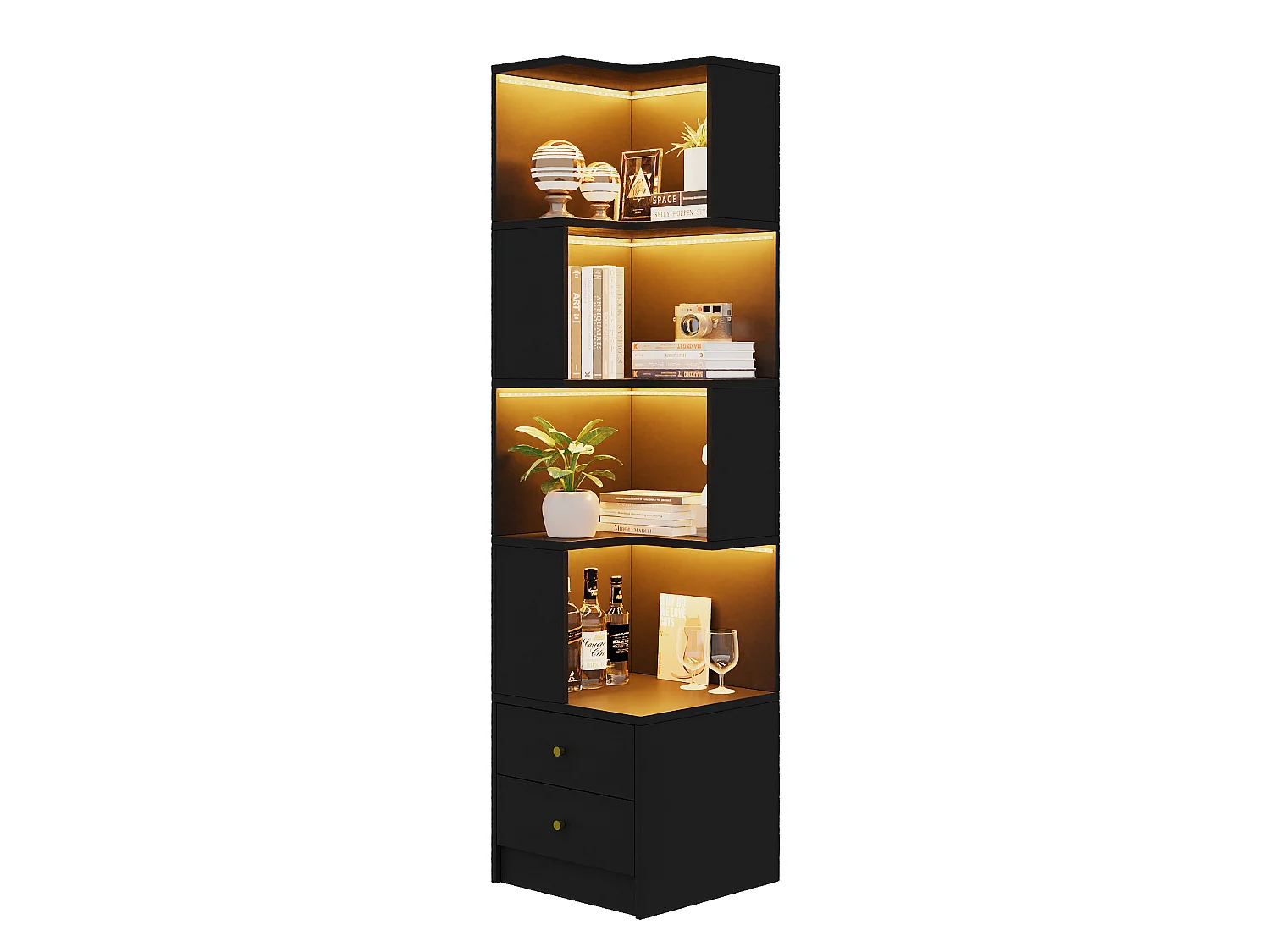 Bibliothèque d'angle avec éclairage LED, 4 étagères ouvertes et 2 tiroirs - MDF - 45 x 43,5 x 180 cm - Noir