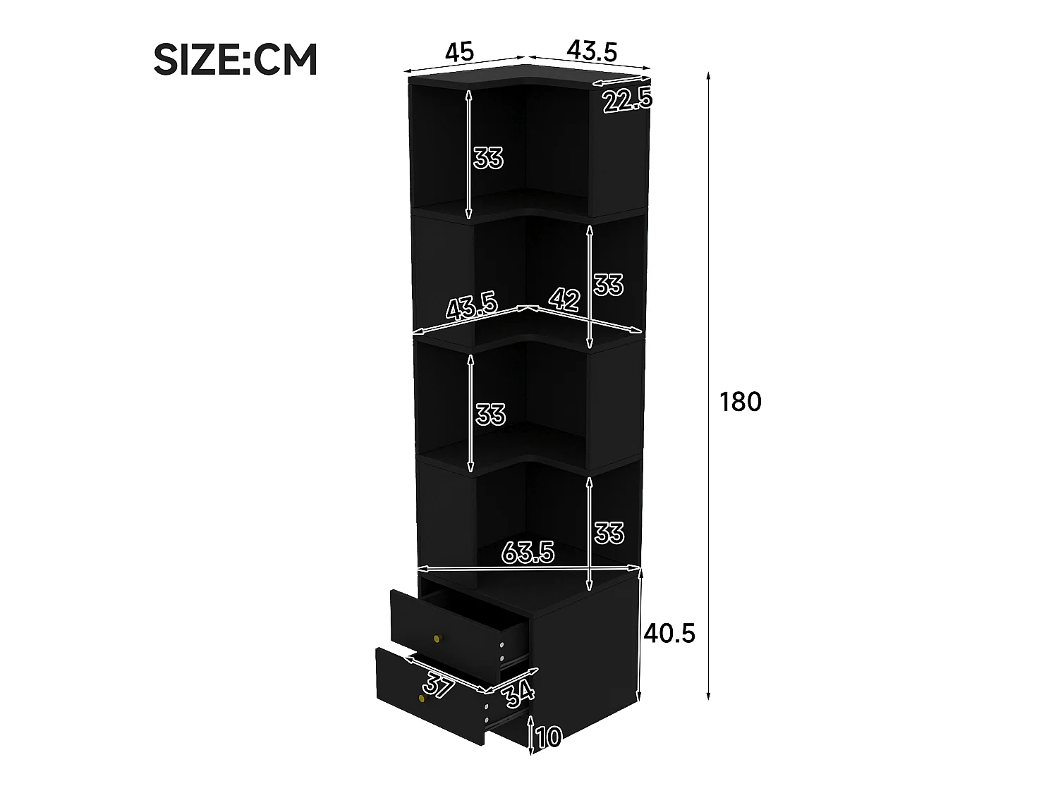 Bibliothèque d'angle avec éclairage LED, 4 étagères ouvertes et 2 tiroirs - MDF - 45 x 43,5 x 180 cm - Noir
