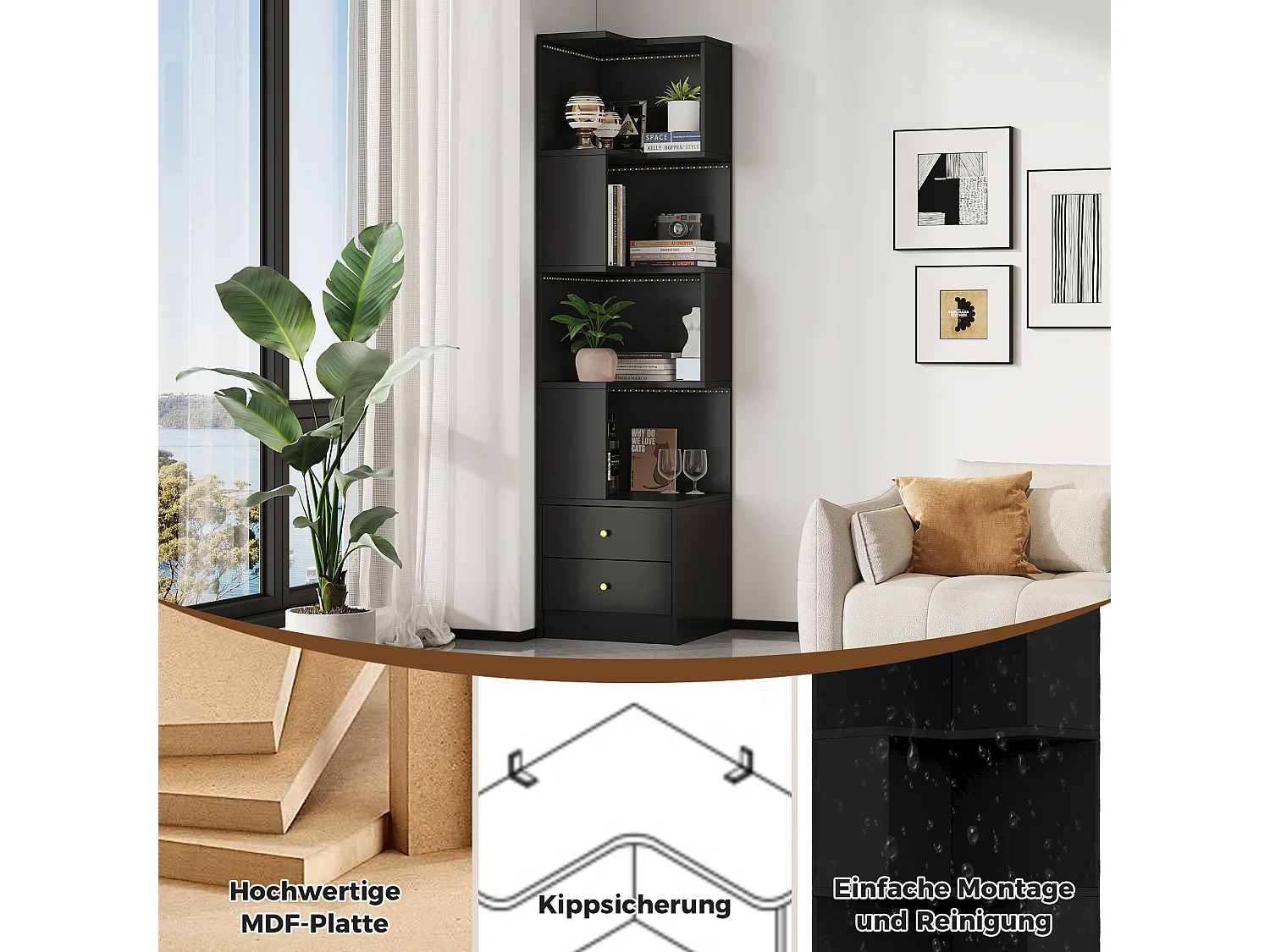 Bibliothèque d'angle avec éclairage LED, 4 étagères ouvertes et 2 tiroirs - MDF - 45 x 43,5 x 180 cm - Noir