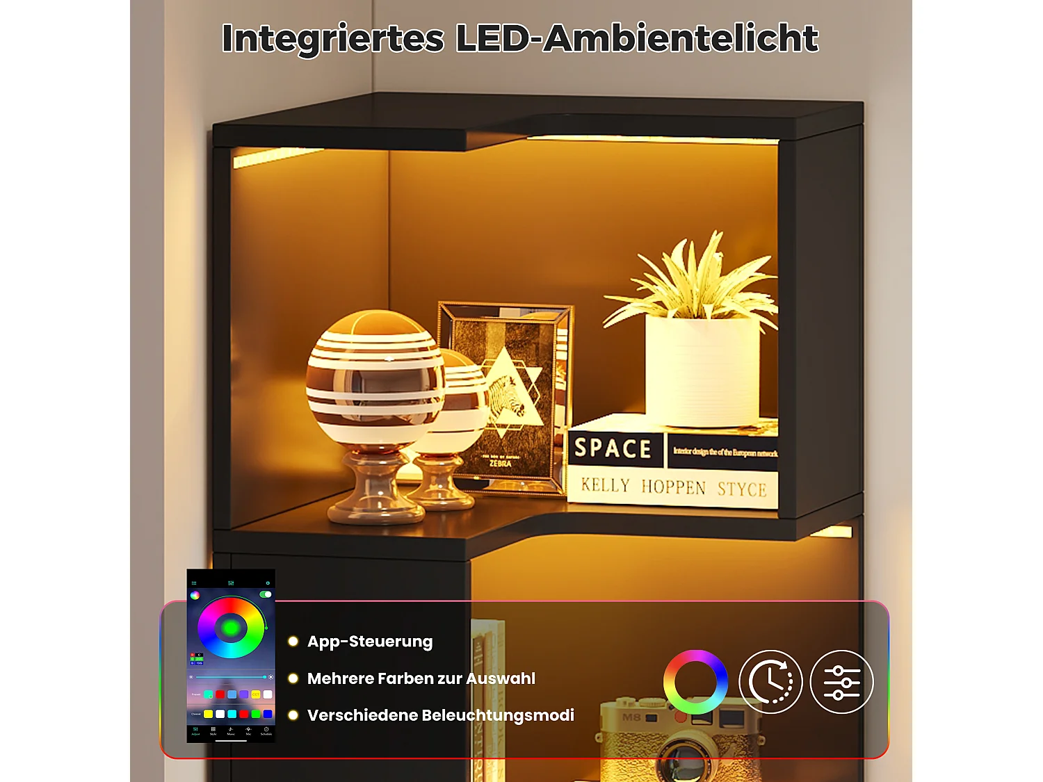 Bibliothèque d'angle avec éclairage LED, 4 étagères ouvertes et 2 tiroirs - MDF - 45 x 43,5 x 180 cm - Noir