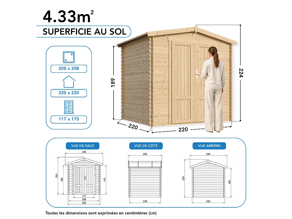 Houten Tuinhuis met Geïmpregneerde Houten Vloer -  4.33 m² / 226x236xH224 cm - M369F1+M369G