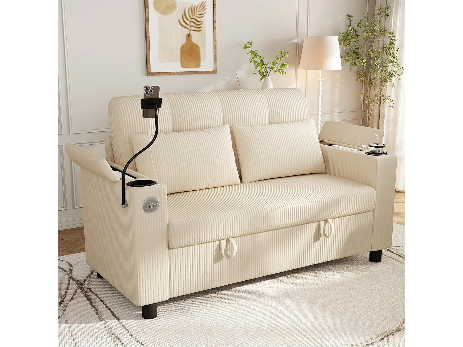 Canapé 2 places moderne - avec espace de rangement dissimulé - port USB/Type-C et support pour téléphone - 2 coussins - velours côtelé - beige
