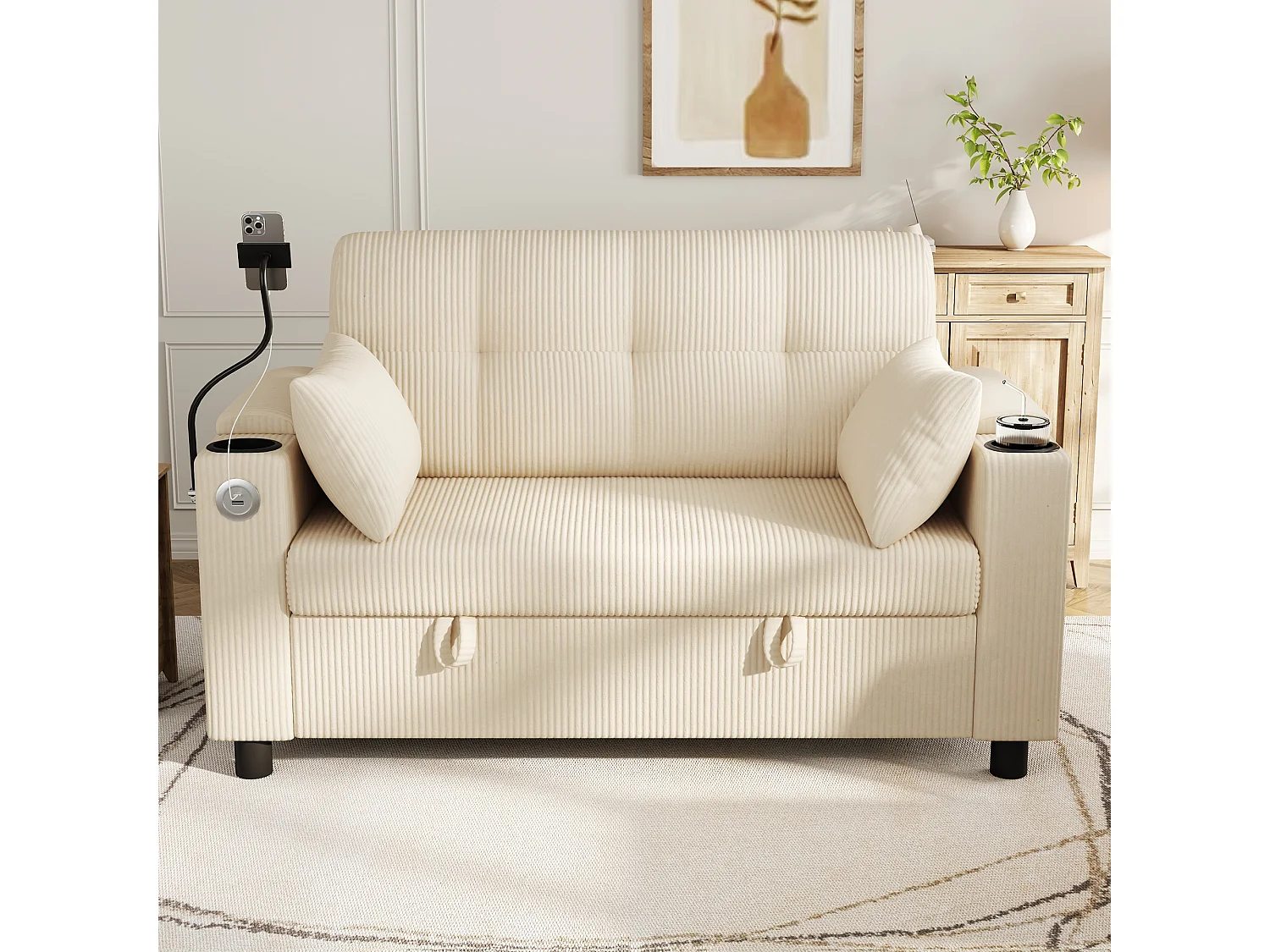 Canapé 2 places moderne - avec espace de rangement dissimulé - port USB/Type-C et support pour téléphone - 2 coussins - velours côtelé - beige