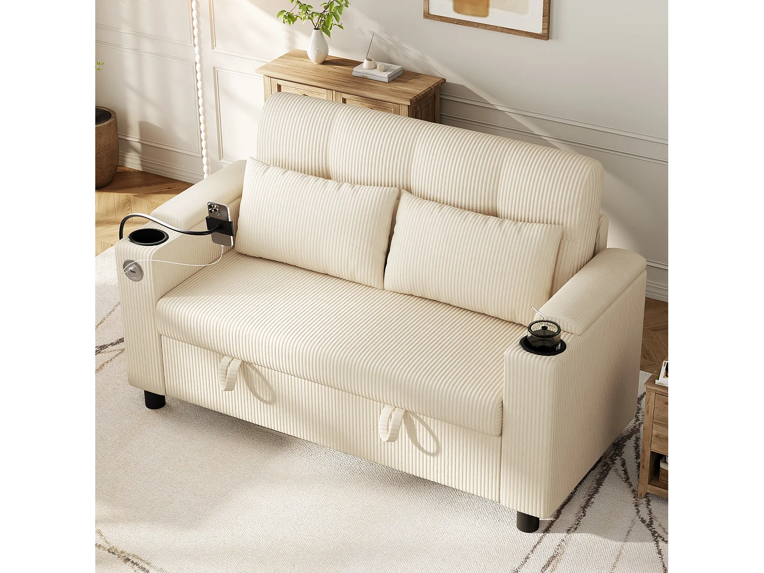Canapé 2 places moderne - avec espace de rangement dissimulé - port USB/Type-C et support pour téléphone - 2 coussins - velours côtelé - beige