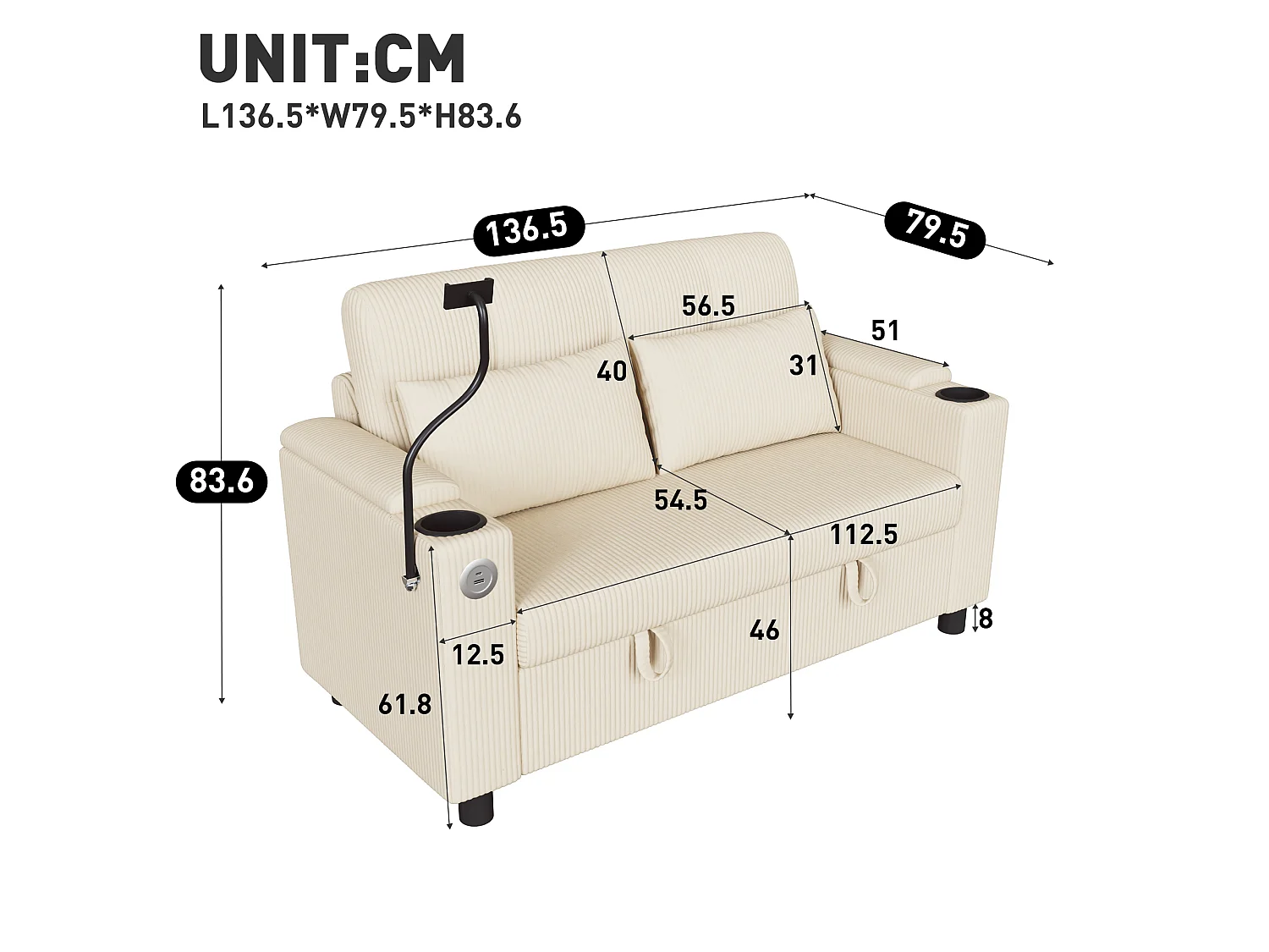 Canapé 2 places moderne - avec espace de rangement dissimulé - port USB/Type-C et support pour téléphone - 2 coussins - velours côtelé - beige