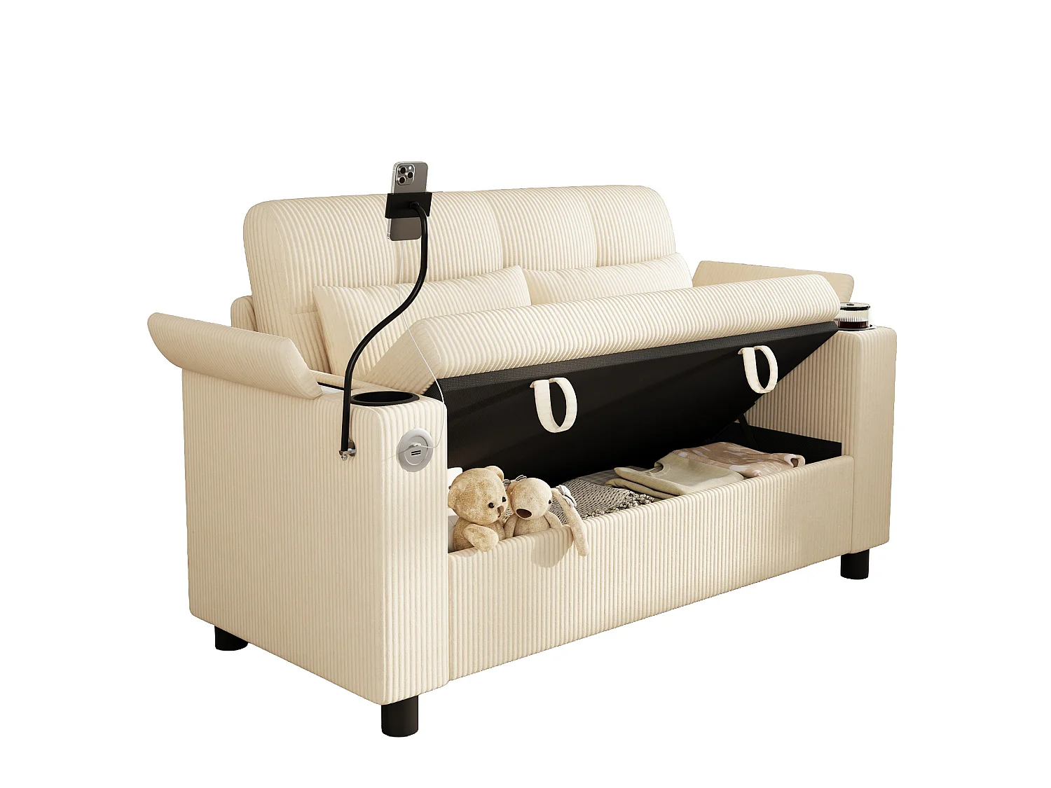 Canapé 2 places moderne - avec espace de rangement dissimulé - port USB/Type-C et support pour téléphone - 2 coussins - velours côtelé - beige