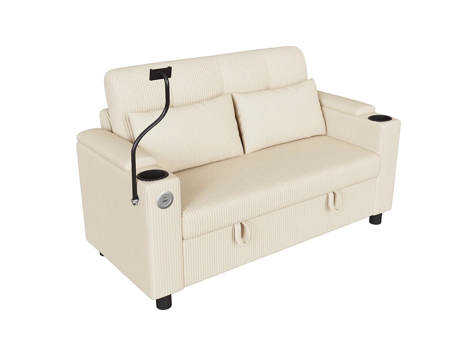 Canapé 2 places moderne - avec espace de rangement dissimulé - port USB/Type-C et support pour téléphone - 2 coussins - velours côtelé - beige