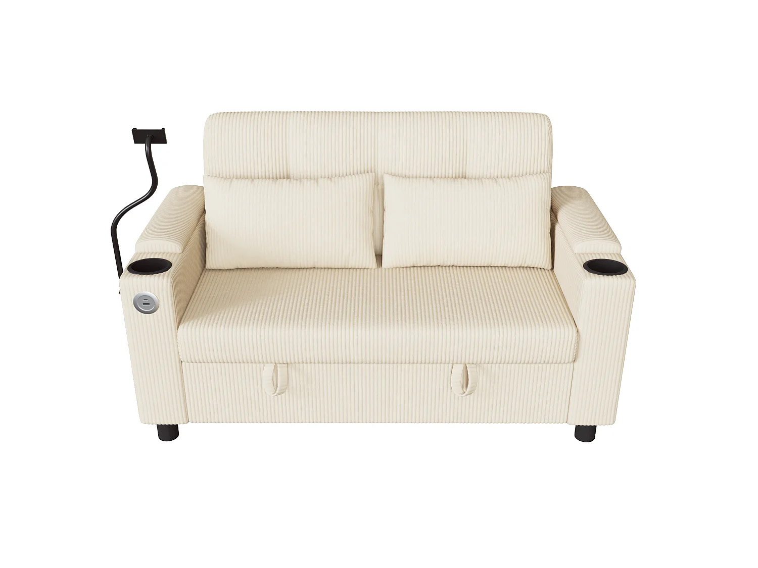 Canapé 2 places moderne - avec espace de rangement dissimulé - port USB/Type-C et support pour téléphone - 2 coussins - velours côtelé - beige