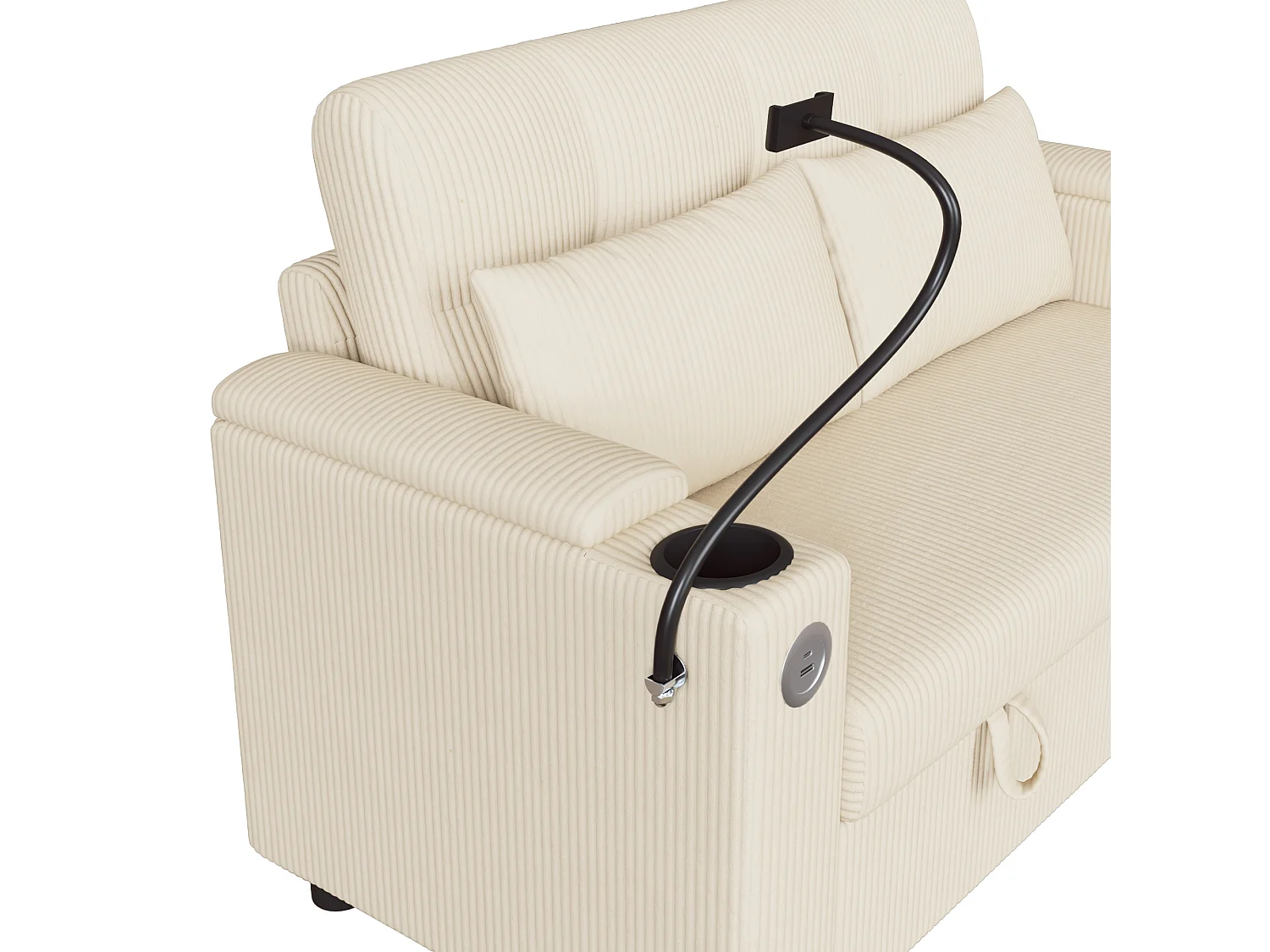 Canapé 2 places moderne - avec espace de rangement dissimulé - port USB/Type-C et support pour téléphone - 2 coussins - velours côtelé - beige