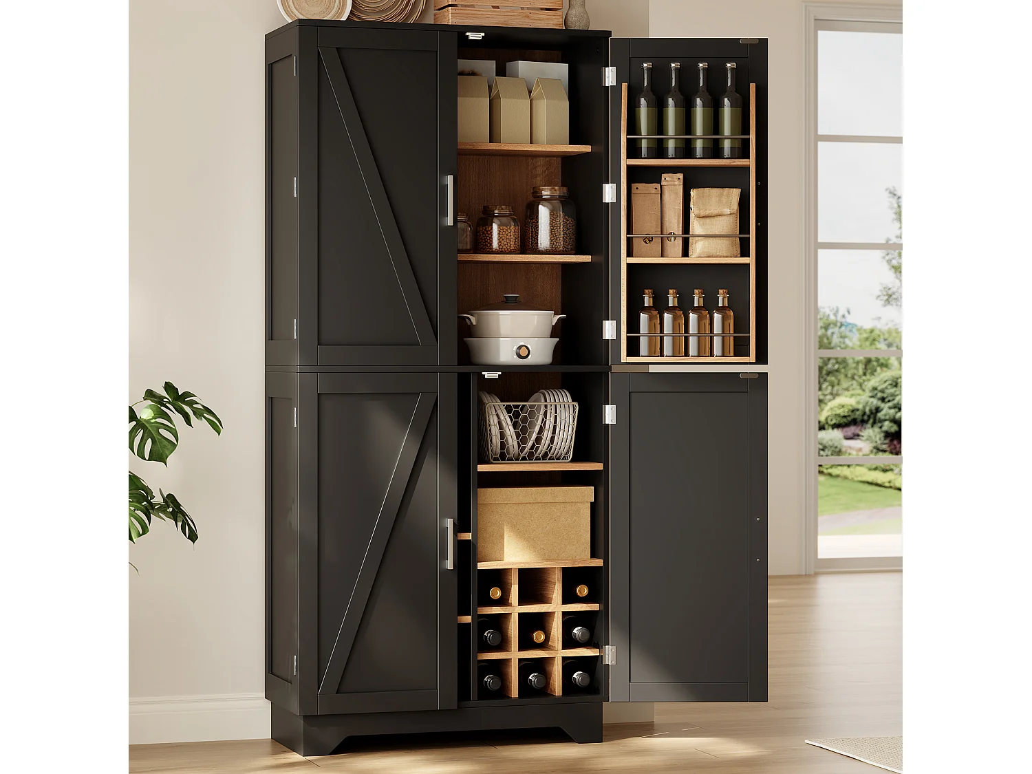 Bufet kuchenny 80x40x180cm - z 4 drzwiami - z półką na przyprawy - z regałem na wino - Czarny