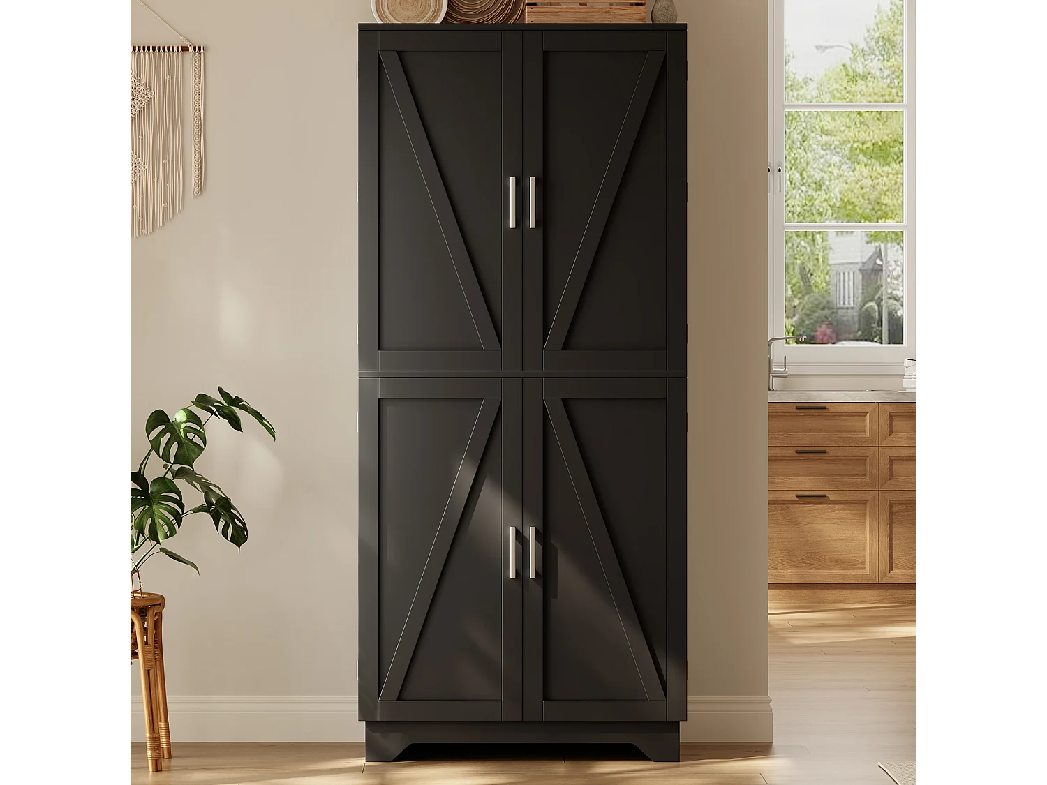 Bufet kuchenny 80x40x180cm - z 4 drzwiami - z półką na przyprawy - z regałem na wino - Czarny