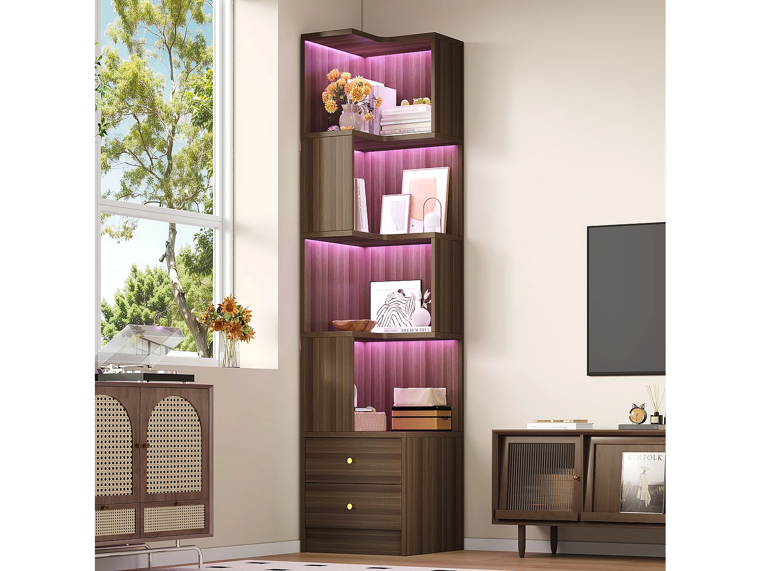 Bibliothèque d'angle avec éclairage LED, 4 étagères ouvertes et 2 tiroirs - MDF - 45 x 43,5 x 180 cm - Marron