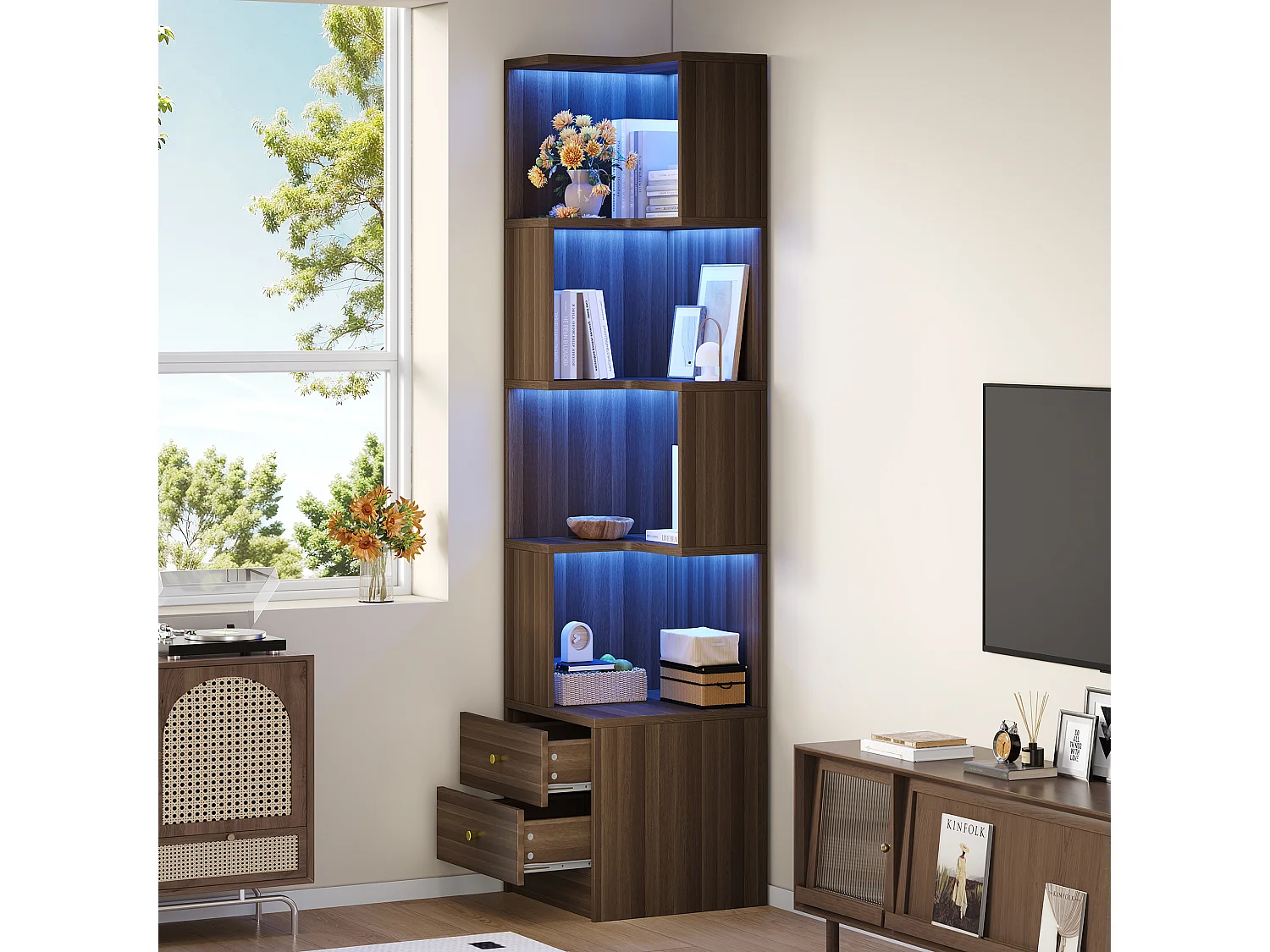 Bibliothèque d'angle avec éclairage LED, 4 étagères ouvertes et 2 tiroirs - MDF - 45 x 43,5 x 180 cm - Marron
