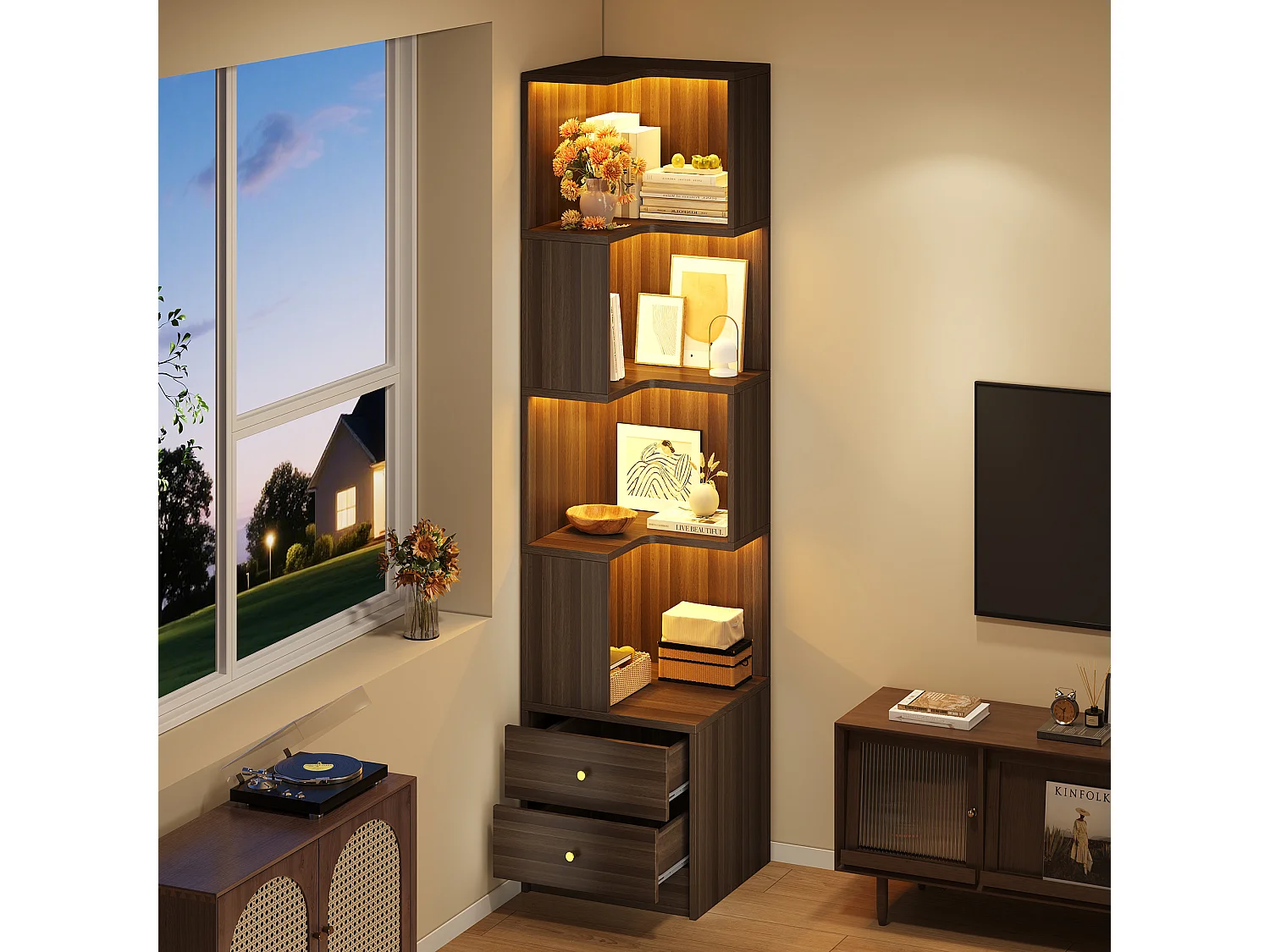 Bibliothèque d'angle avec éclairage LED, 4 étagères ouvertes et 2 tiroirs - MDF - 45 x 43,5 x 180 cm - Marron