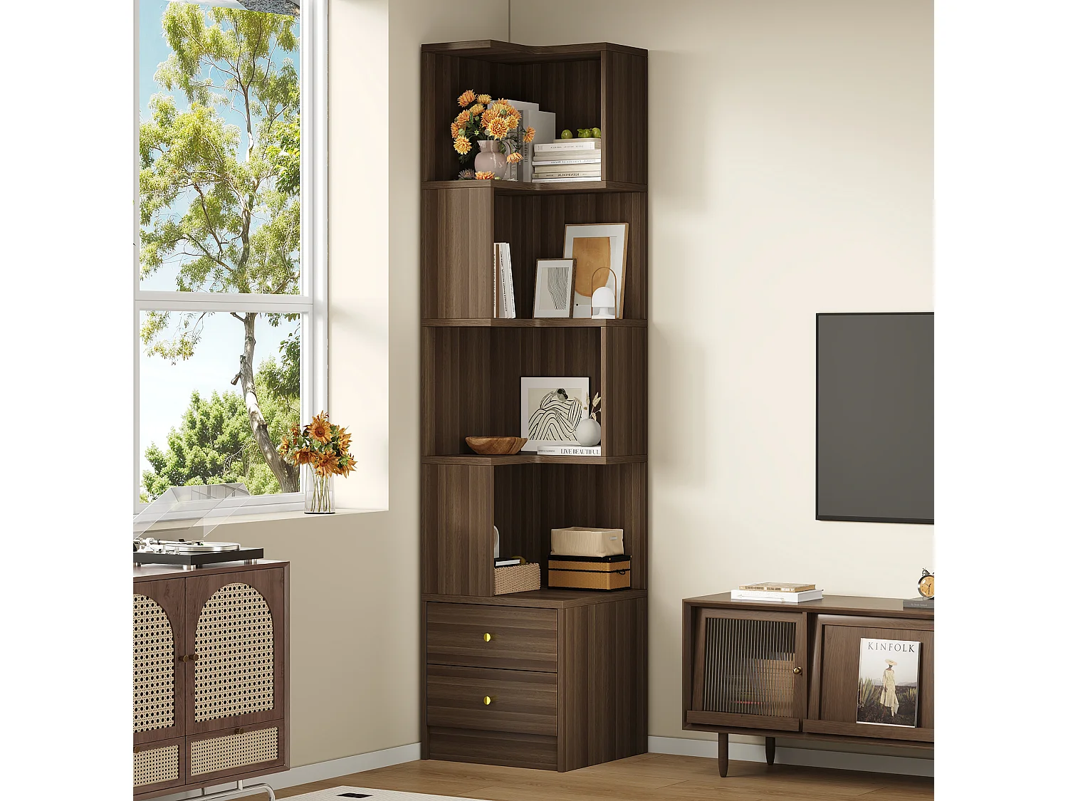 Bibliothèque d'angle avec éclairage LED, 4 étagères ouvertes et 2 tiroirs - MDF - 45 x 43,5 x 180 cm - Marron