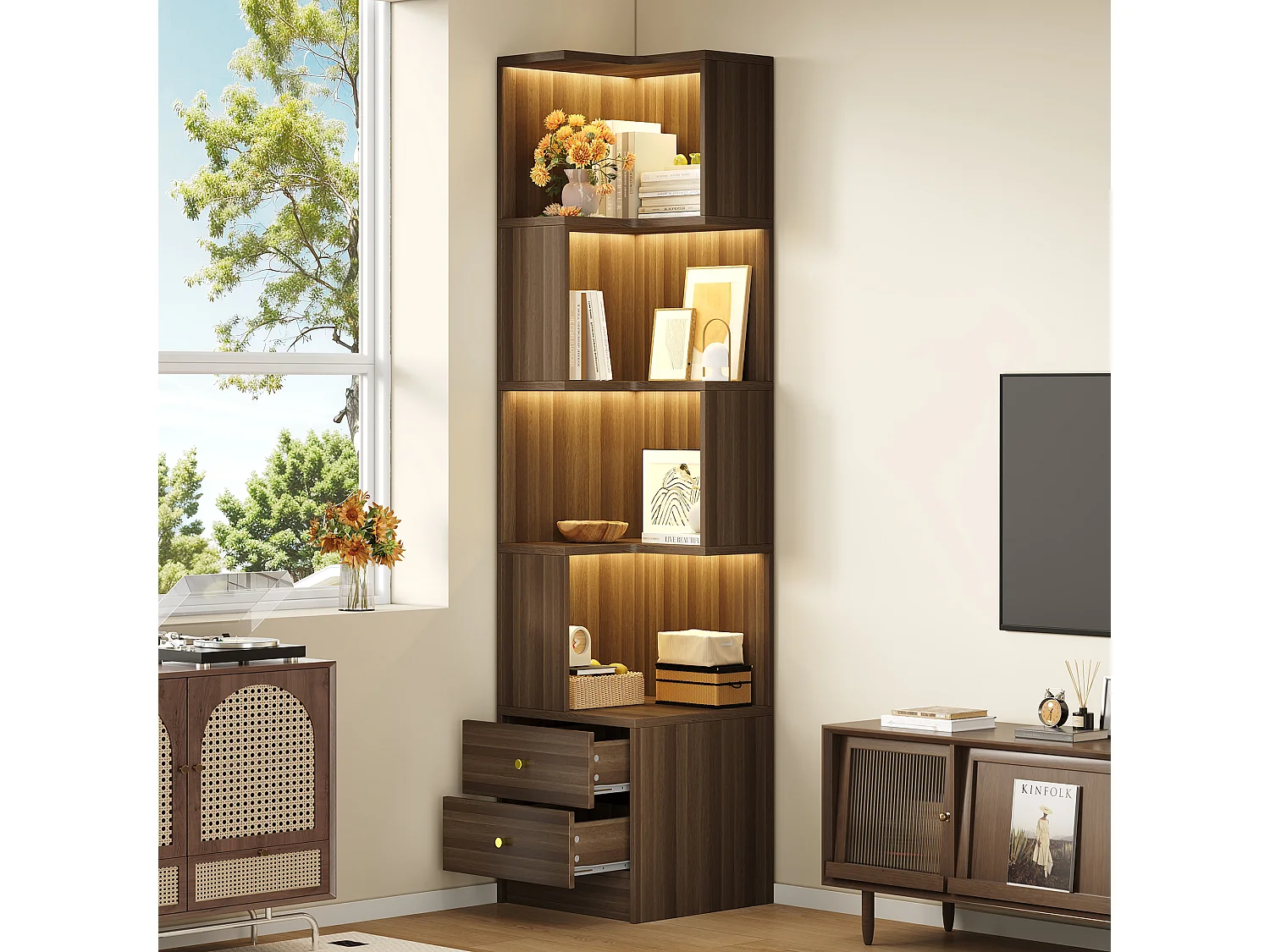 Bibliothèque d'angle avec éclairage LED, 4 étagères ouvertes et 2 tiroirs - MDF - 45 x 43,5 x 180 cm - Marron