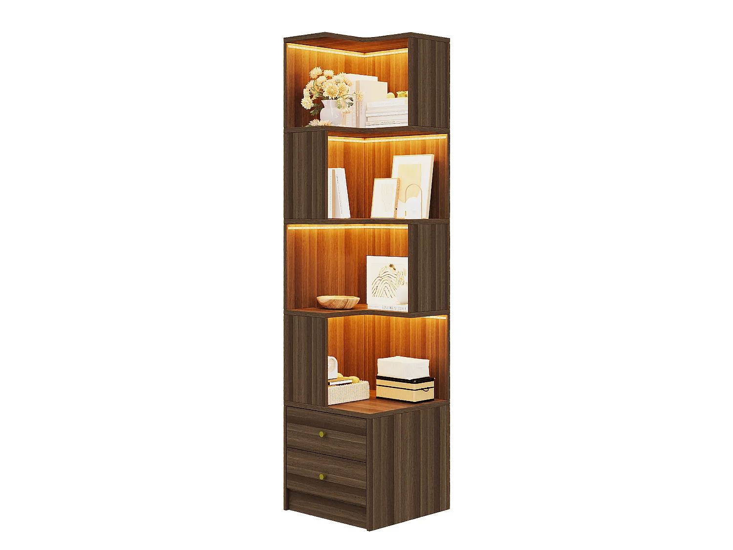 Bibliothèque d'angle avec éclairage LED, 4 étagères ouvertes et 2 tiroirs - MDF - 45 x 43,5 x 180 cm - Marron