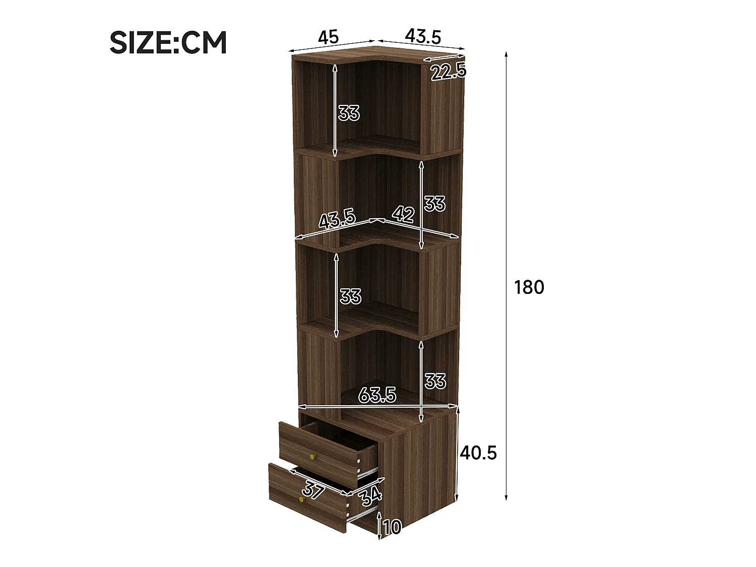 Bibliothèque d'angle avec éclairage LED, 4 étagères ouvertes et 2 tiroirs - MDF - 45 x 43,5 x 180 cm - Marron