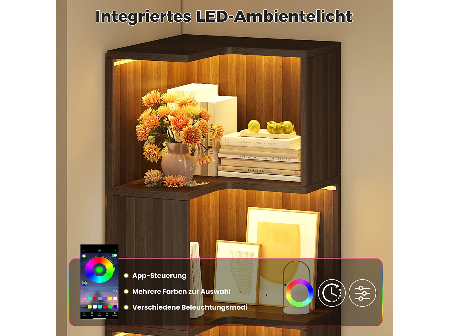 Bibliothèque d'angle avec éclairage LED, 4 étagères ouvertes et 2 tiroirs - MDF - 45 x 43,5 x 180 cm - Marron