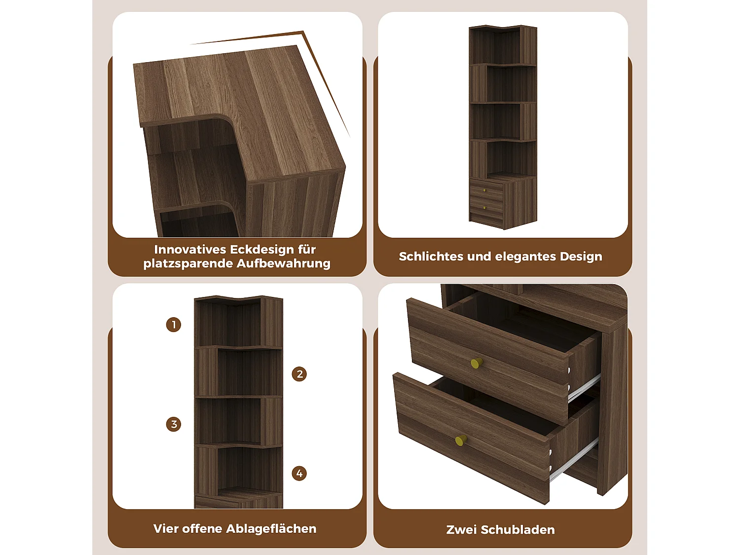Bibliothèque d'angle avec éclairage LED, 4 étagères ouvertes et 2 tiroirs - MDF - 45 x 43,5 x 180 cm - Marron