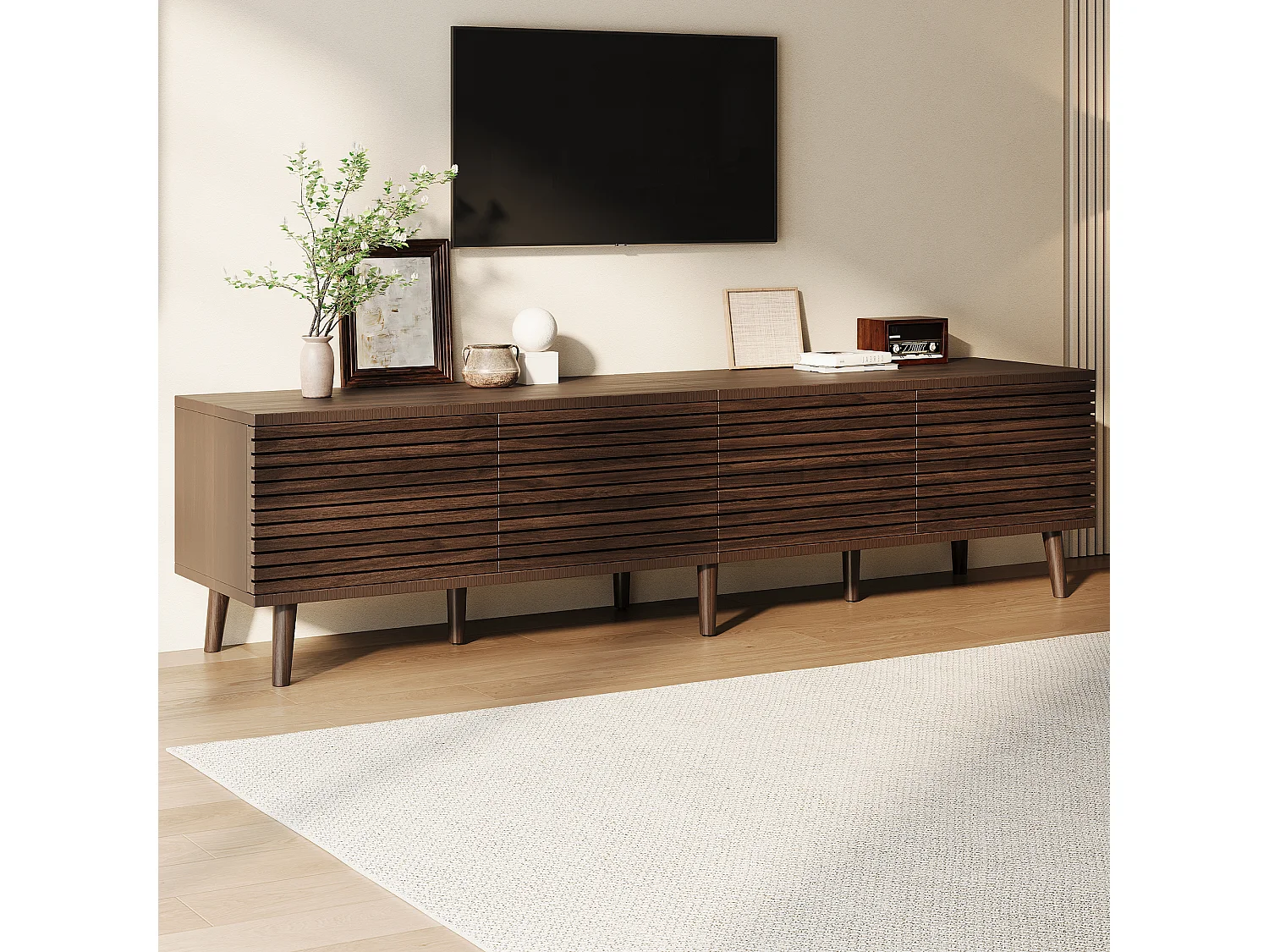 Meuble TV 180x40x46 cm - 4 portes - Design ajouré - Convient aux TV jusqu'à 75 pouces - MDF - Marron