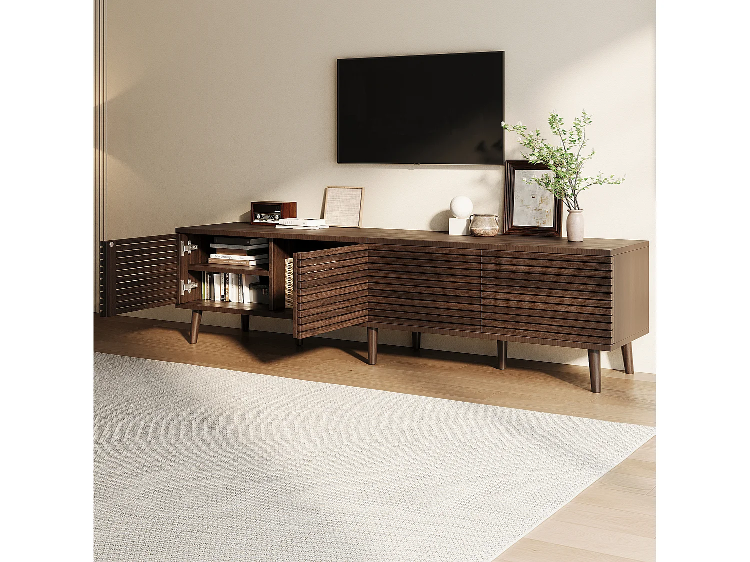 Meuble TV 180x40x46 cm - 4 portes - Design ajouré - Convient aux TV jusqu'à 75 pouces - MDF - Marron