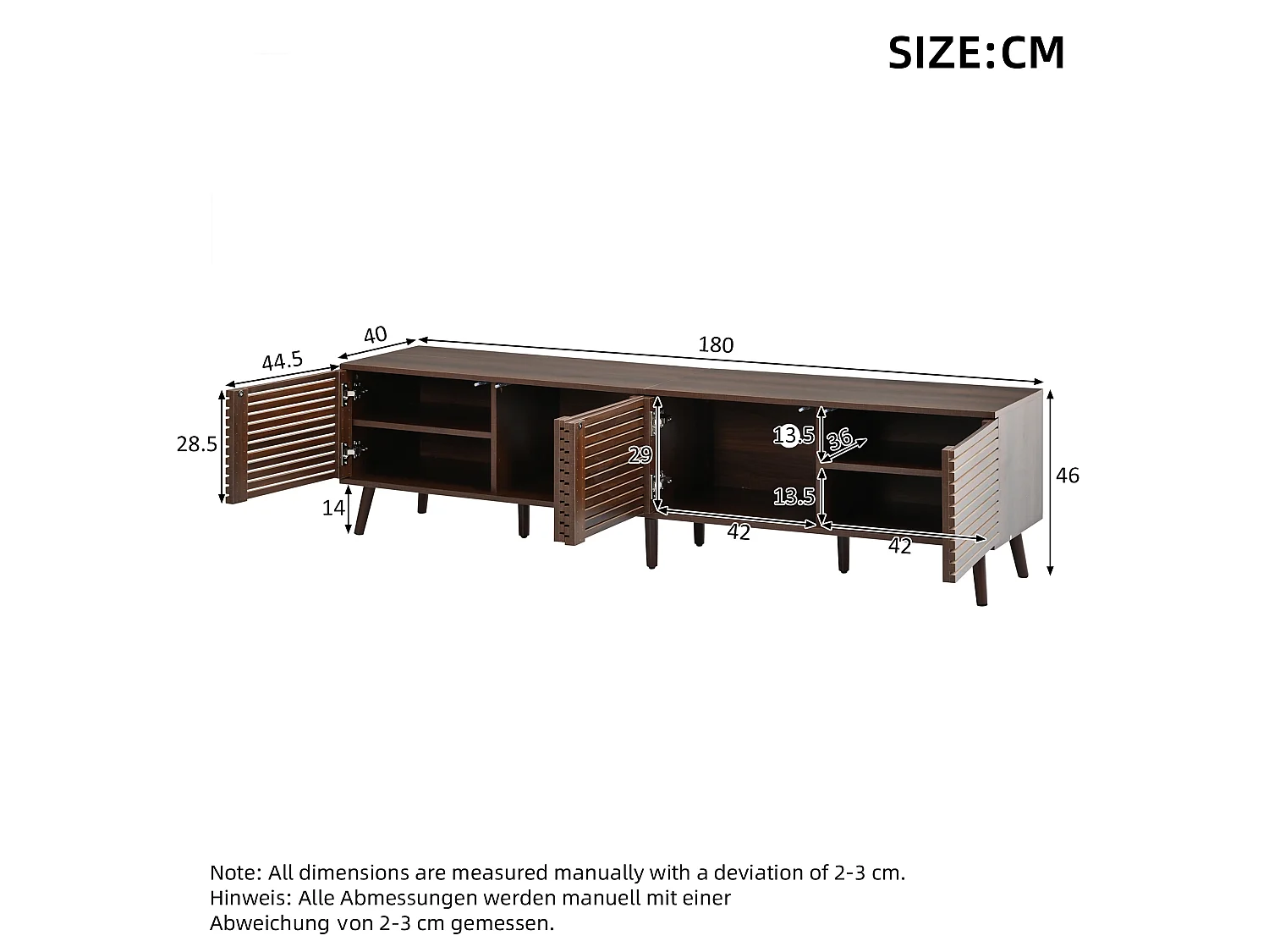 Meuble TV 180x40x46 cm - 4 portes - Design ajouré - Convient aux TV jusqu'à 75 pouces - MDF - Marron