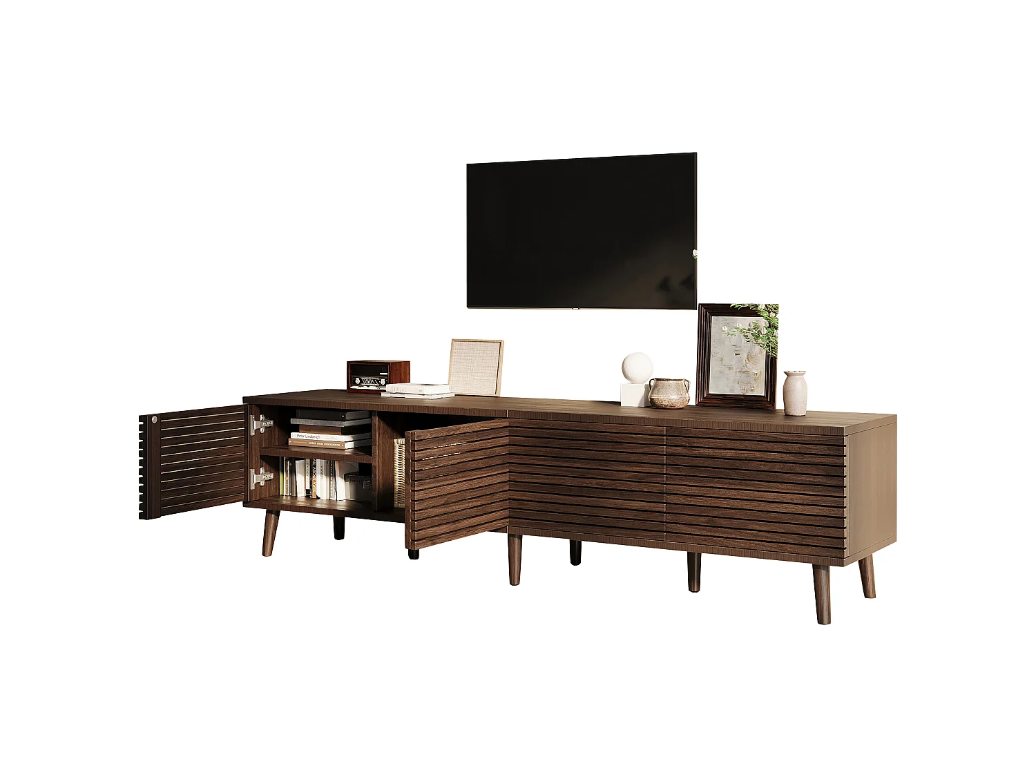 Meuble TV 180x40x46 cm - 4 portes - Design ajouré - Convient aux TV jusqu'à 75 pouces - MDF - Marron