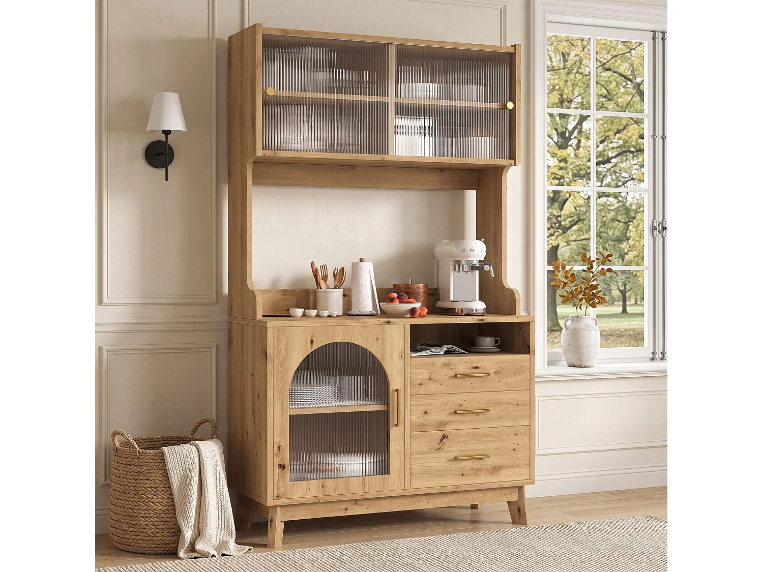Buffet/Hoge kast 100,5x40x178 cm - 3 deuren en 3 laden - Opbergruimte met meerdere niveaus - Stopcontact en USB-poort - Natuurlijk