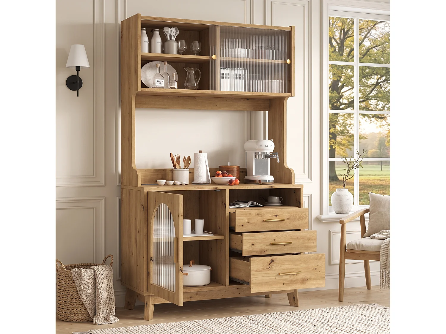 Buffet/Hoge kast 100,5x40x178 cm - 3 deuren en 3 laden - Opbergruimte met meerdere niveaus - Stopcontact en USB-poort - Natuurlijk