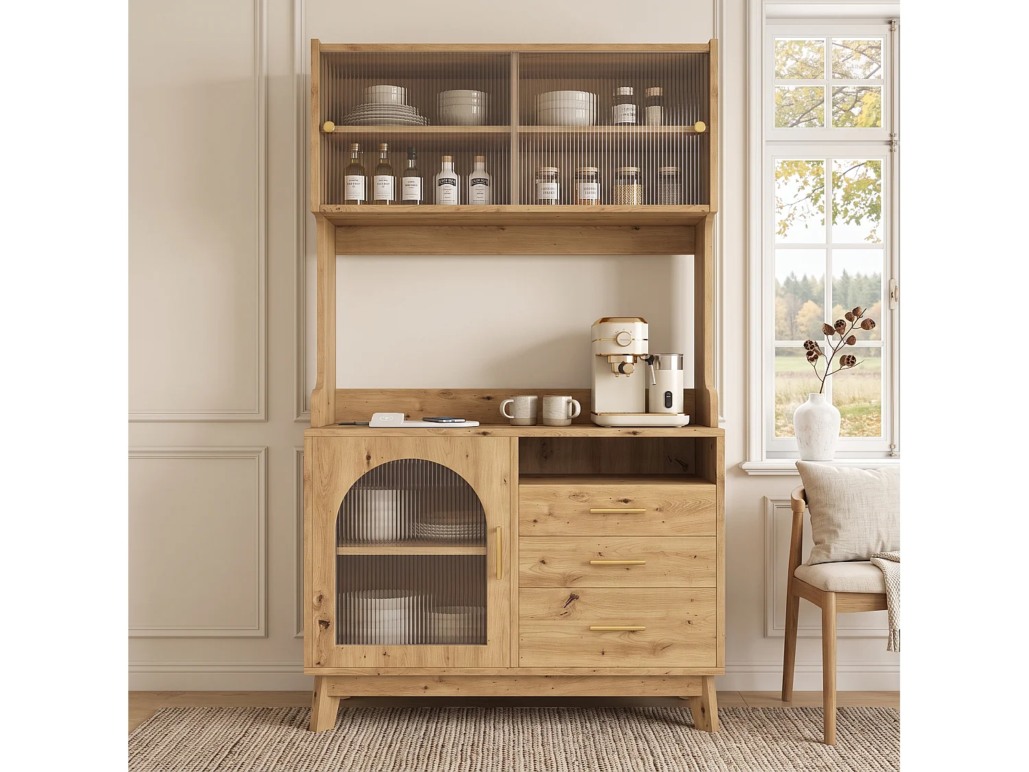 Buffet/Hoge kast 100,5x40x178 cm - 3 deuren en 3 laden - Opbergruimte met meerdere niveaus - Stopcontact en USB-poort - Natuurlijk