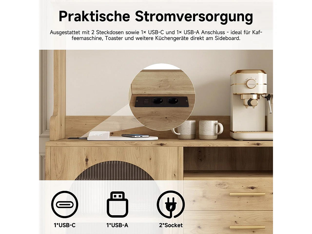 Buffet/Hoge kast 100,5x40x178 cm - 3 deuren en 3 laden - Opbergruimte met meerdere niveaus - Stopcontact en USB-poort - Natuurlijk