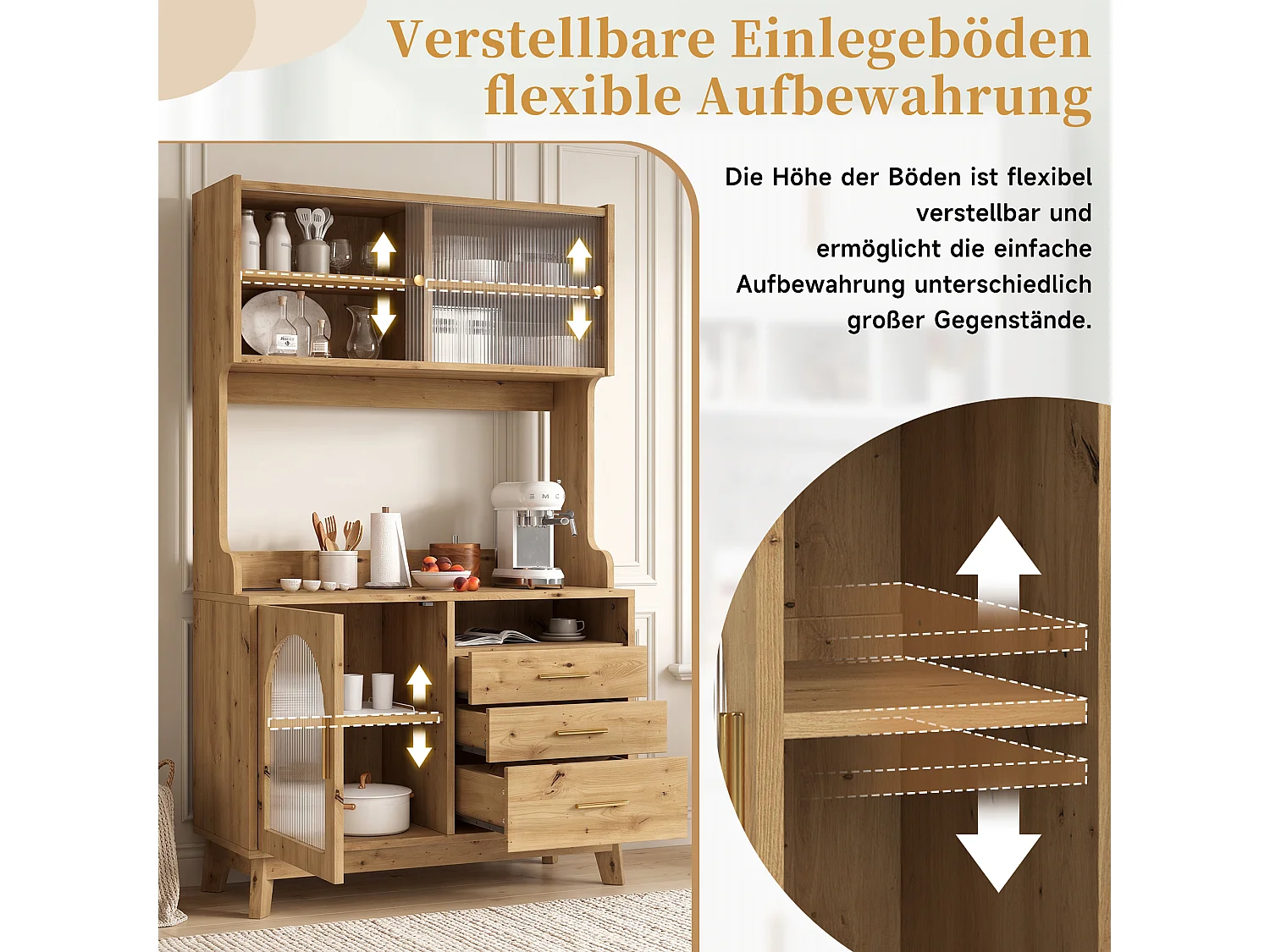 Buffet/Hoge kast 100,5x40x178 cm - 3 deuren en 3 laden - Opbergruimte met meerdere niveaus - Stopcontact en USB-poort - Natuurlijk