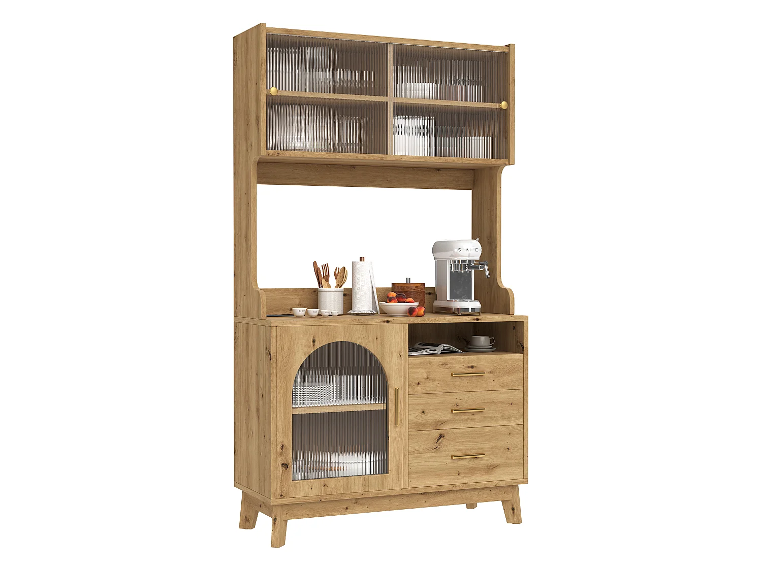 Buffet/Hoge kast 100,5x40x178 cm - 3 deuren en 3 laden - Opbergruimte met meerdere niveaus - Stopcontact en USB-poort - Natuurlijk