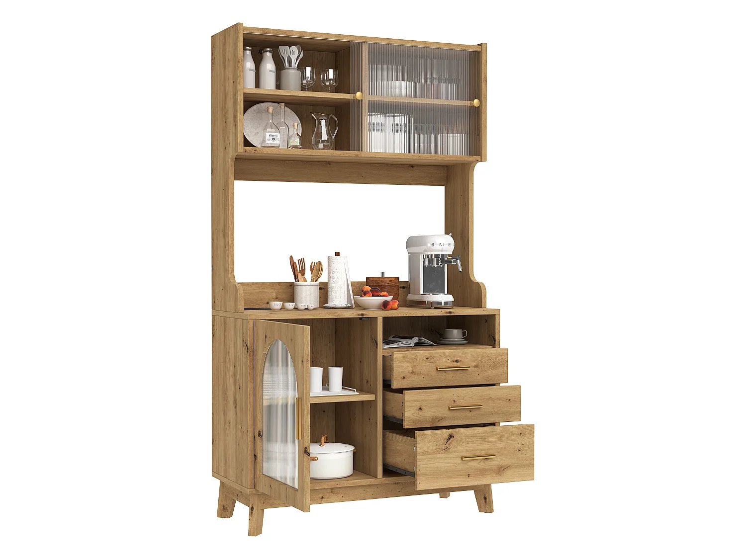Buffet/Hoge kast 100,5x40x178 cm - 3 deuren en 3 laden - Opbergruimte met meerdere niveaus - Stopcontact en USB-poort - Natuurlijk