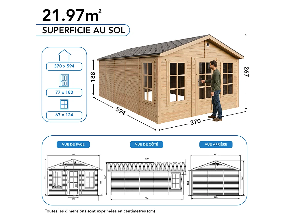 Abri de jardin en bois - 21.97 m² / 630x382xH267 cm - M737