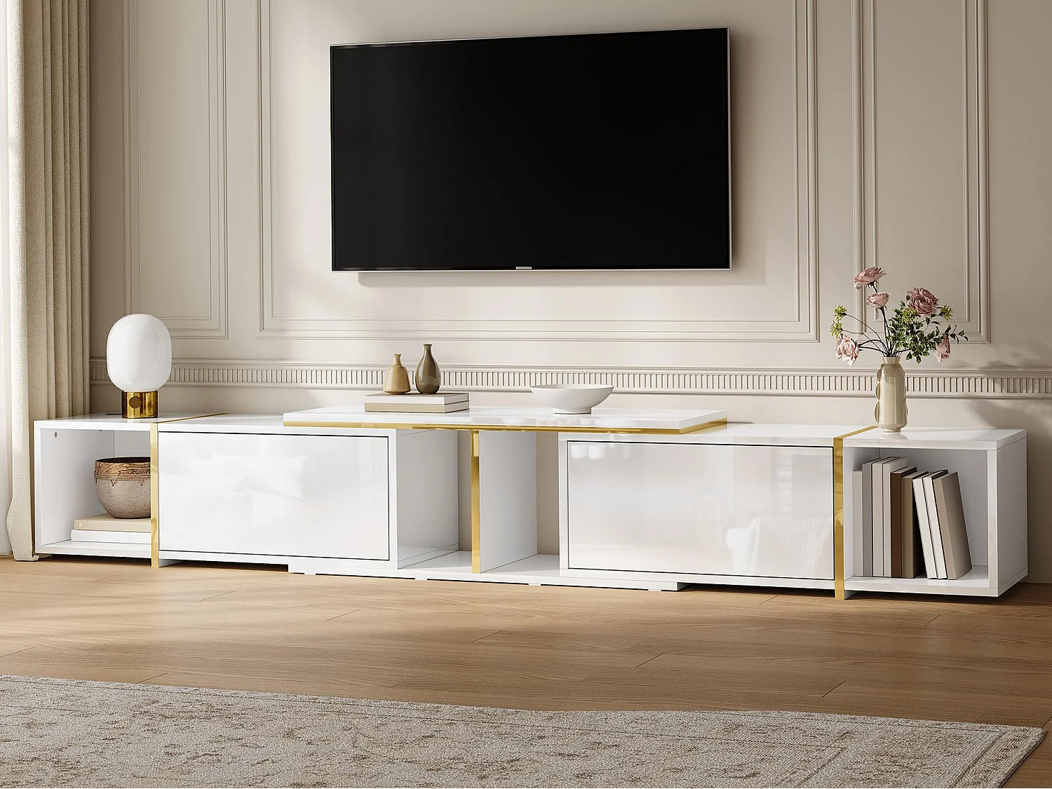 Meuble TV extensible 275x35x37 cm - Panneaux brillants - 2 portes abattantes et étagères ouvertes - Panneaux de particules - Blanc