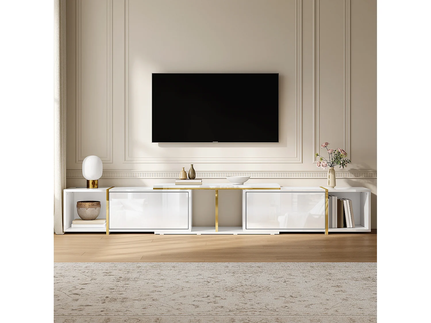Meuble TV extensible 275x35x37 cm - Panneaux brillants - 2 portes abattantes et étagères ouvertes - Panneaux de particules - Blanc