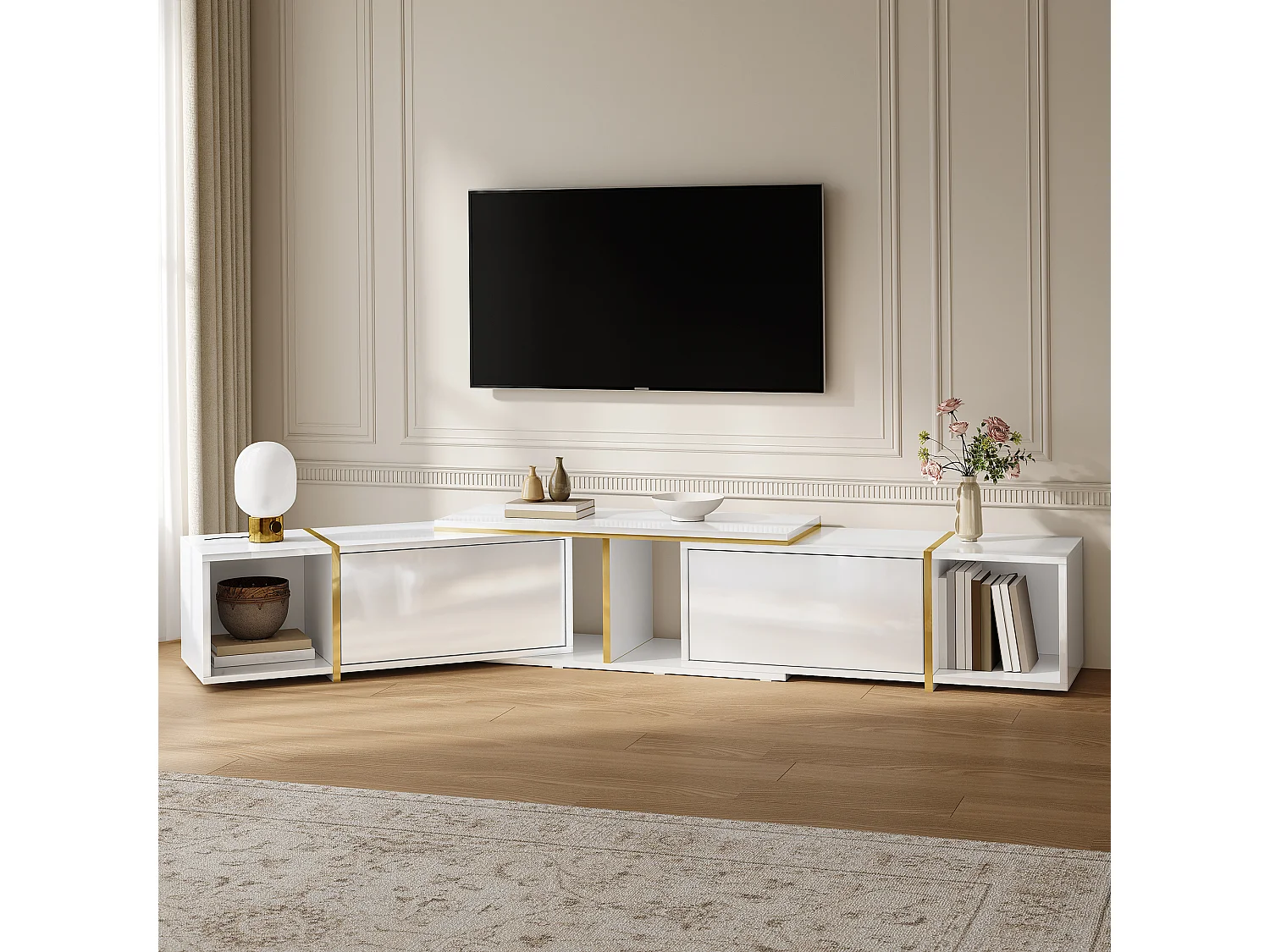 Meuble TV extensible 275x35x37 cm - Panneaux brillants - 2 portes abattantes et étagères ouvertes - Panneaux de particules - Blanc