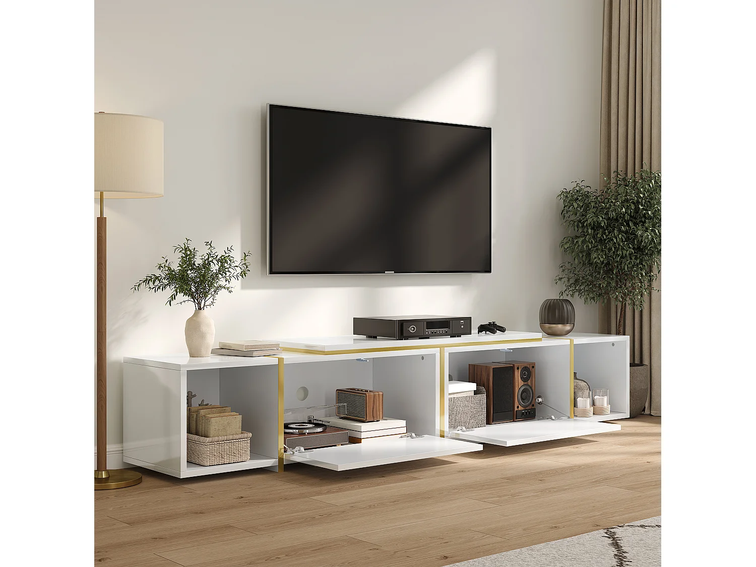 Meuble TV extensible 275x35x37 cm - Panneaux brillants - 2 portes abattantes et étagères ouvertes - Panneaux de particules - Blanc