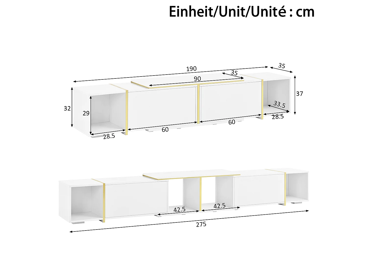 Meuble TV extensible 275x35x37 cm - Panneaux brillants - 2 portes abattantes et étagères ouvertes - Panneaux de particules - Blanc