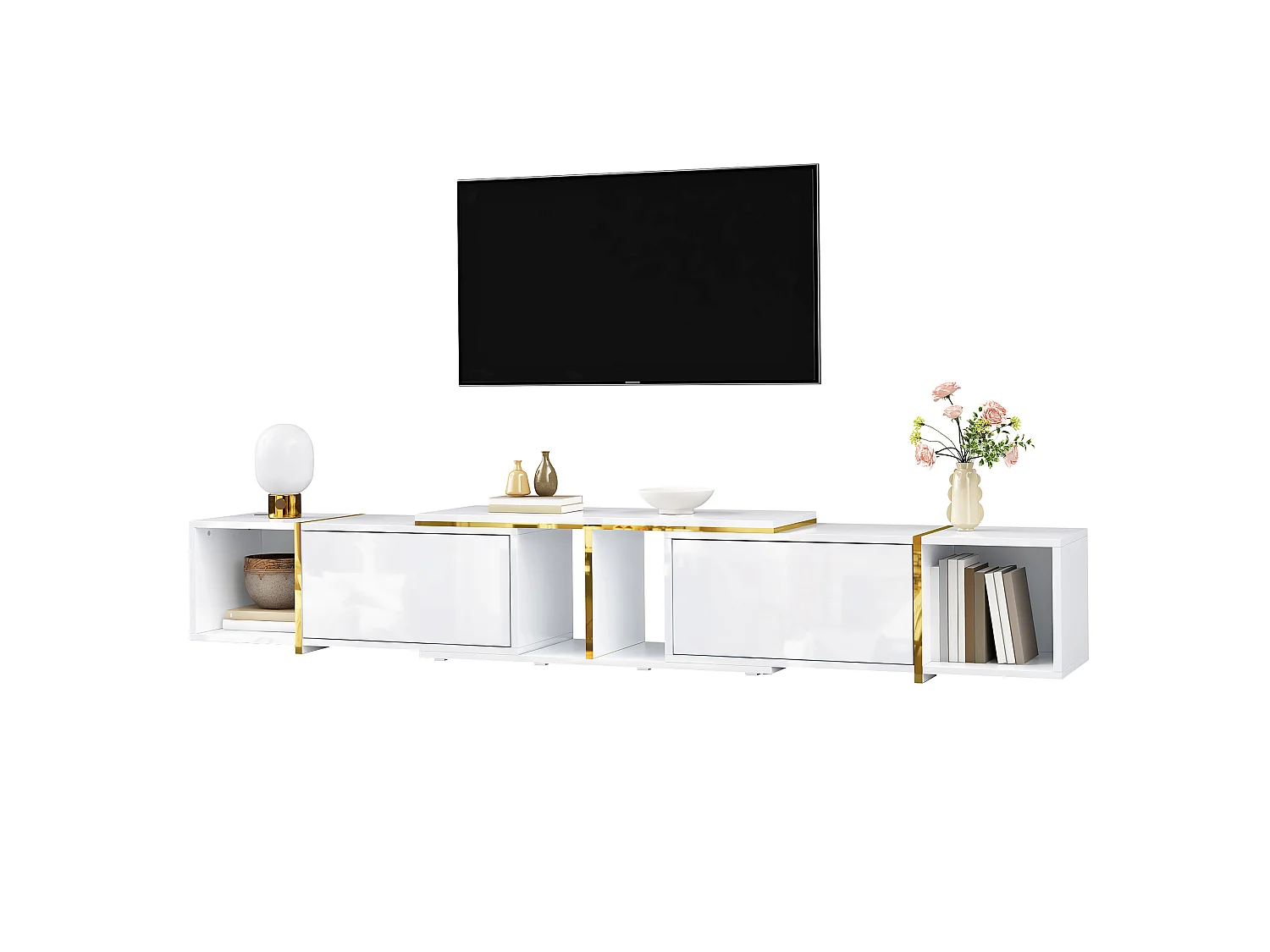 Meuble TV extensible 275x35x37 cm - Panneaux brillants - 2 portes abattantes et étagères ouvertes - Panneaux de particules - Blanc