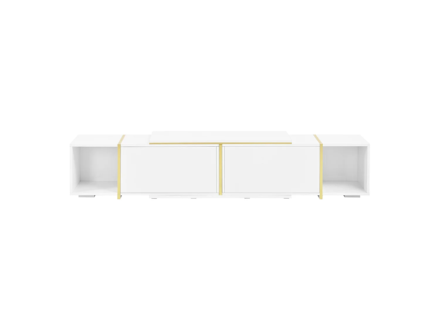 Meuble TV extensible 275x35x37 cm - Panneaux brillants - 2 portes abattantes et étagères ouvertes - Panneaux de particules - Blanc