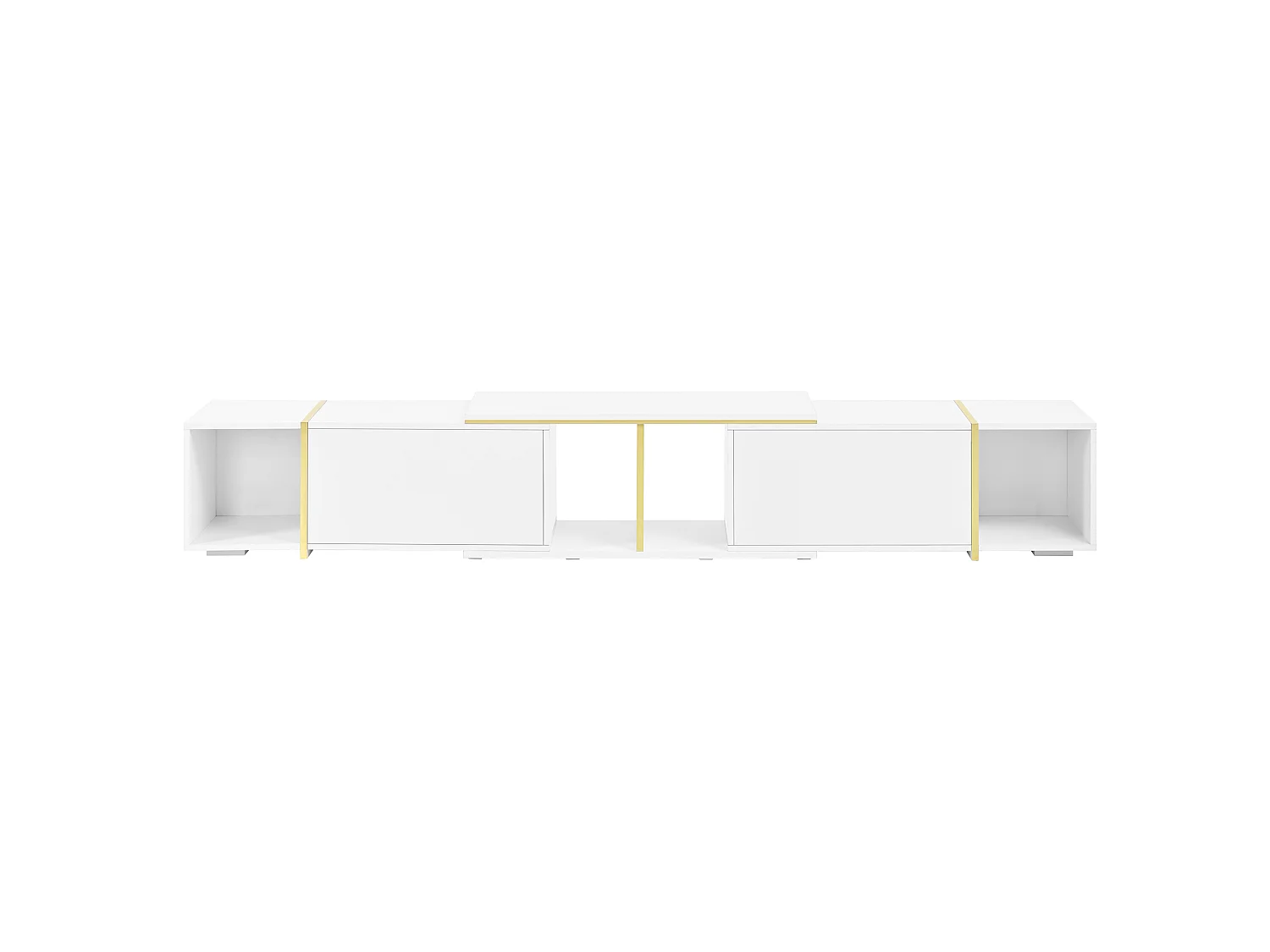 Meuble TV extensible 275x35x37 cm - Panneaux brillants - 2 portes abattantes et étagères ouvertes - Panneaux de particules - Blanc