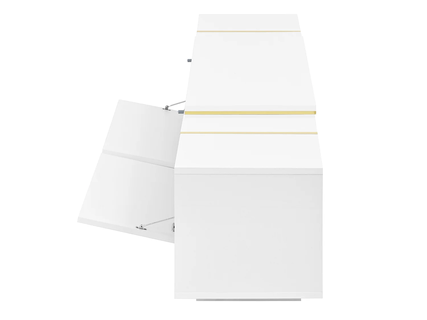 Meuble TV extensible 275x35x37 cm - Panneaux brillants - 2 portes abattantes et étagères ouvertes - Panneaux de particules - Blanc
