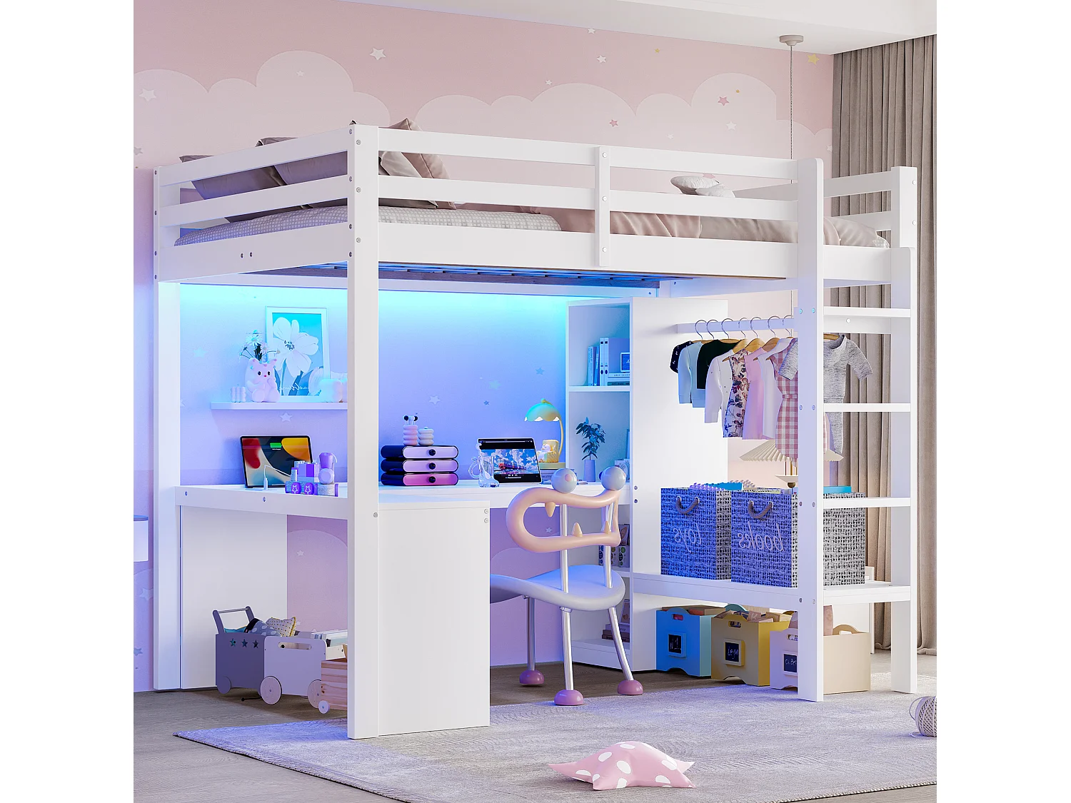 Lit mezzanine 140 x 200 cm avec bureau en L, étagères et penderie - MDF + pin -Eclairage LED et port USB - Blanc (sans matelas)
