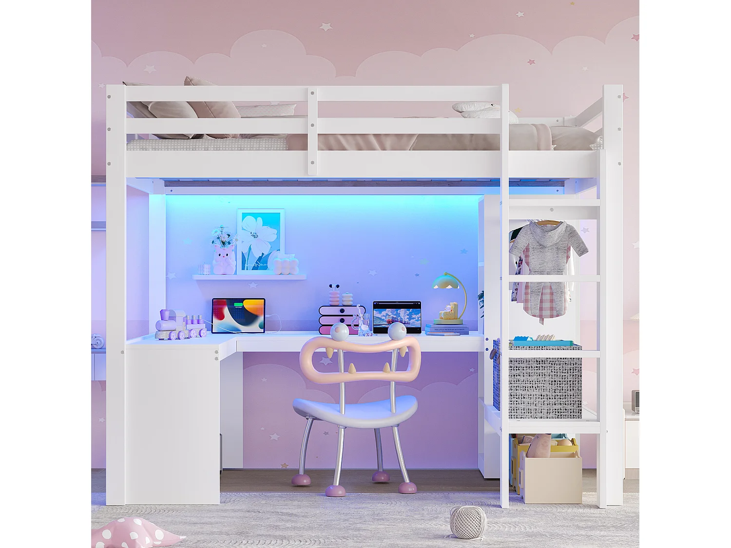 Lit mezzanine 140 x 200 cm avec bureau en L, étagères et penderie - MDF + pin -Eclairage LED et port USB - Blanc (sans matelas)
