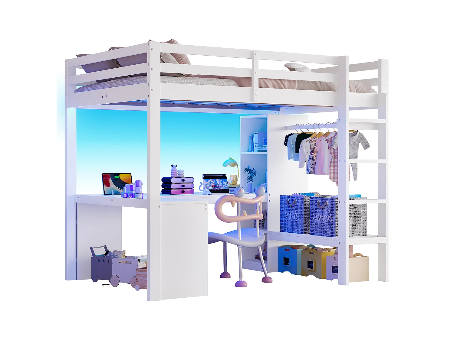 Lit mezzanine 140 x 200 cm avec bureau en L, étagères et penderie - MDF + pin -Eclairage LED et port USB - Blanc (sans matelas)
