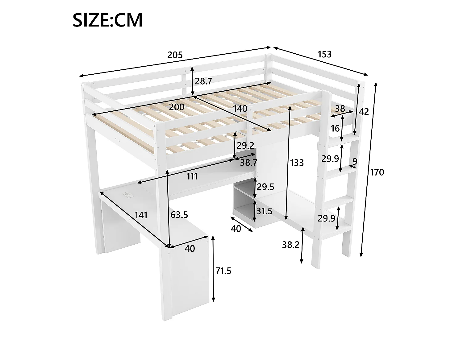 Lit mezzanine 140 x 200 cm avec bureau en L, étagères et penderie - MDF + pin -Eclairage LED et port USB - Blanc (sans matelas)